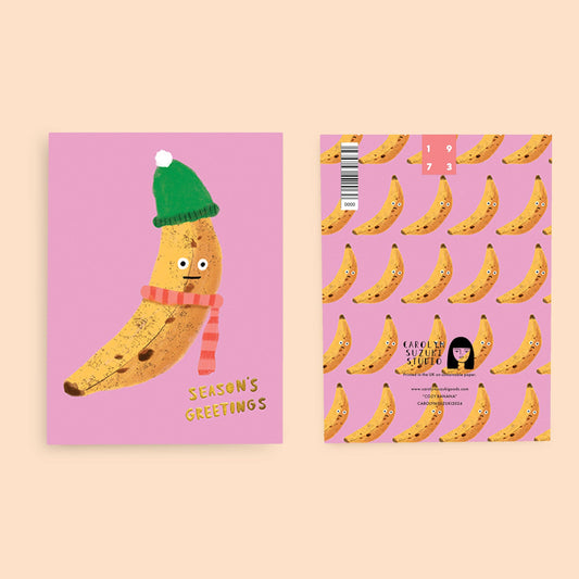 Back and front of cozy banana card 