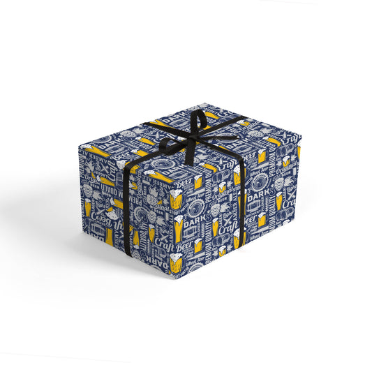 Gift box wrapped with craft beer themed wrapping paper tied with a black ribbon 
