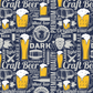 Pattern of craft beer-themed design with text and graphics on a blue background