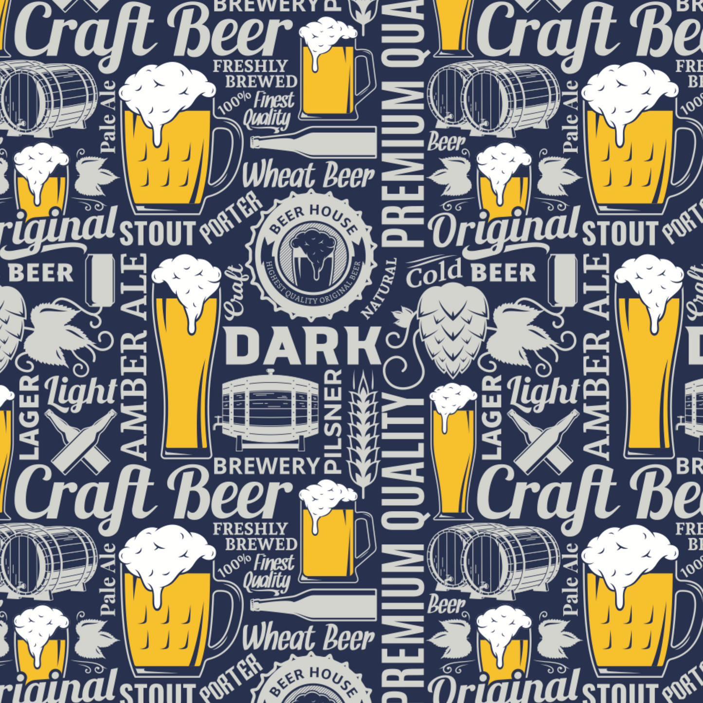 Pattern of craft beer-themed design with text and graphics on a blue background