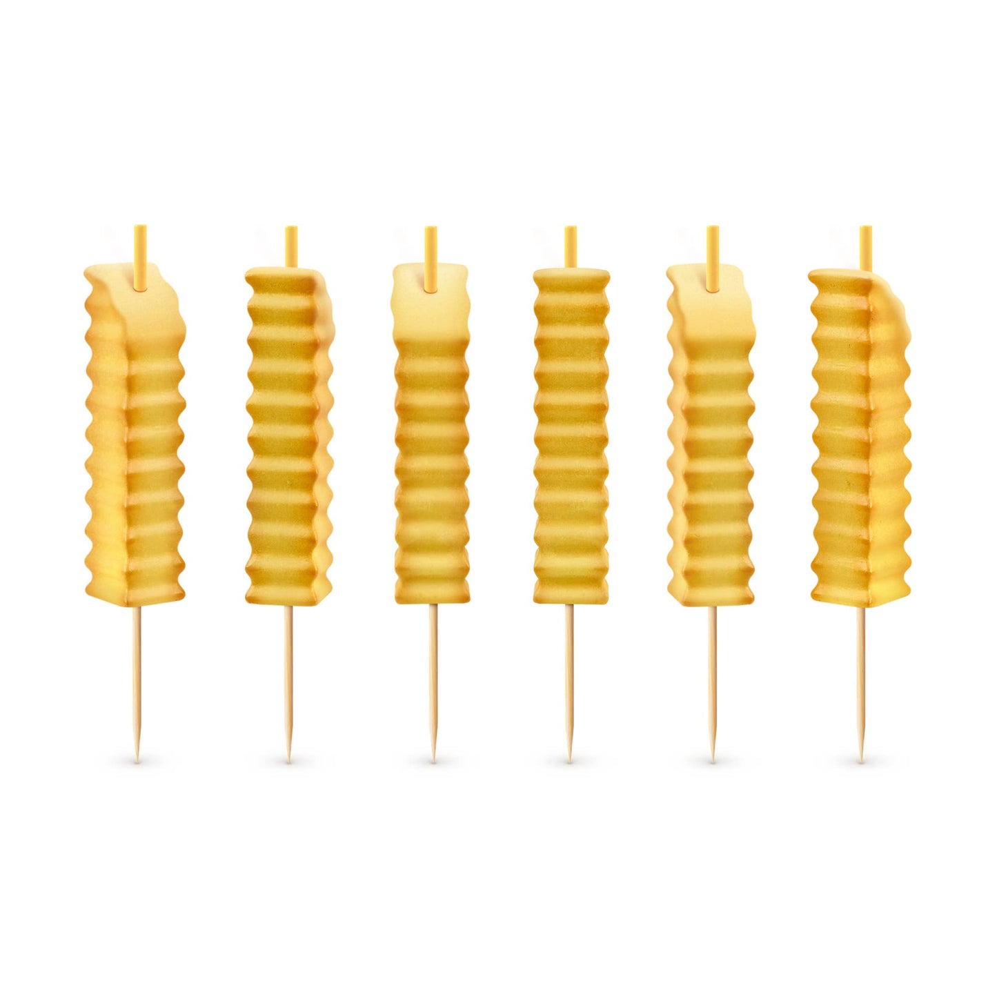 Six birthday candles shaped like crinkle fries on a white background