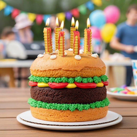 Hamburger-shaped birthday cake with lit french fry candles on a table with blurred people and balloons in the background
