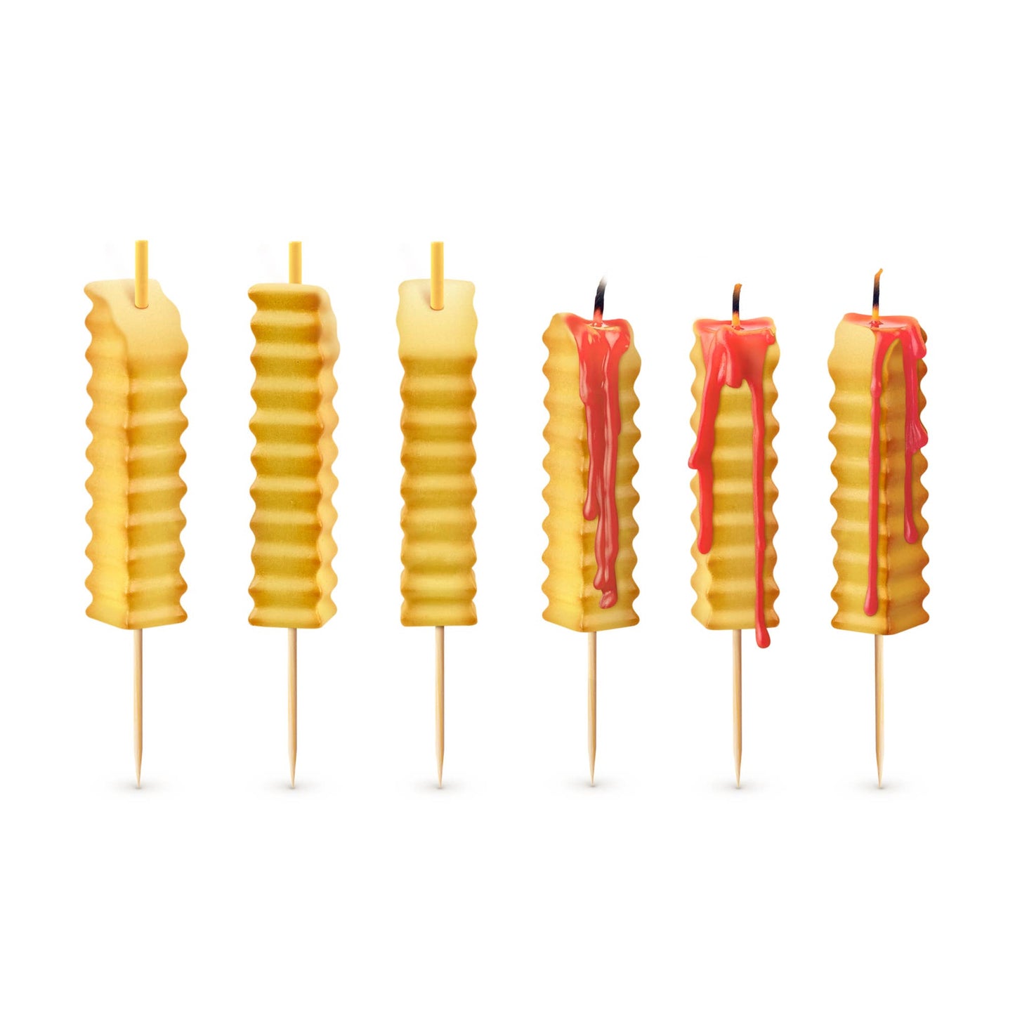birthday candles resembling french fries with a white background. Candle melt red wax when lit 