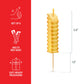 Yellow candle on a toothpick with red text and icons on the left side, showing product details and measurements