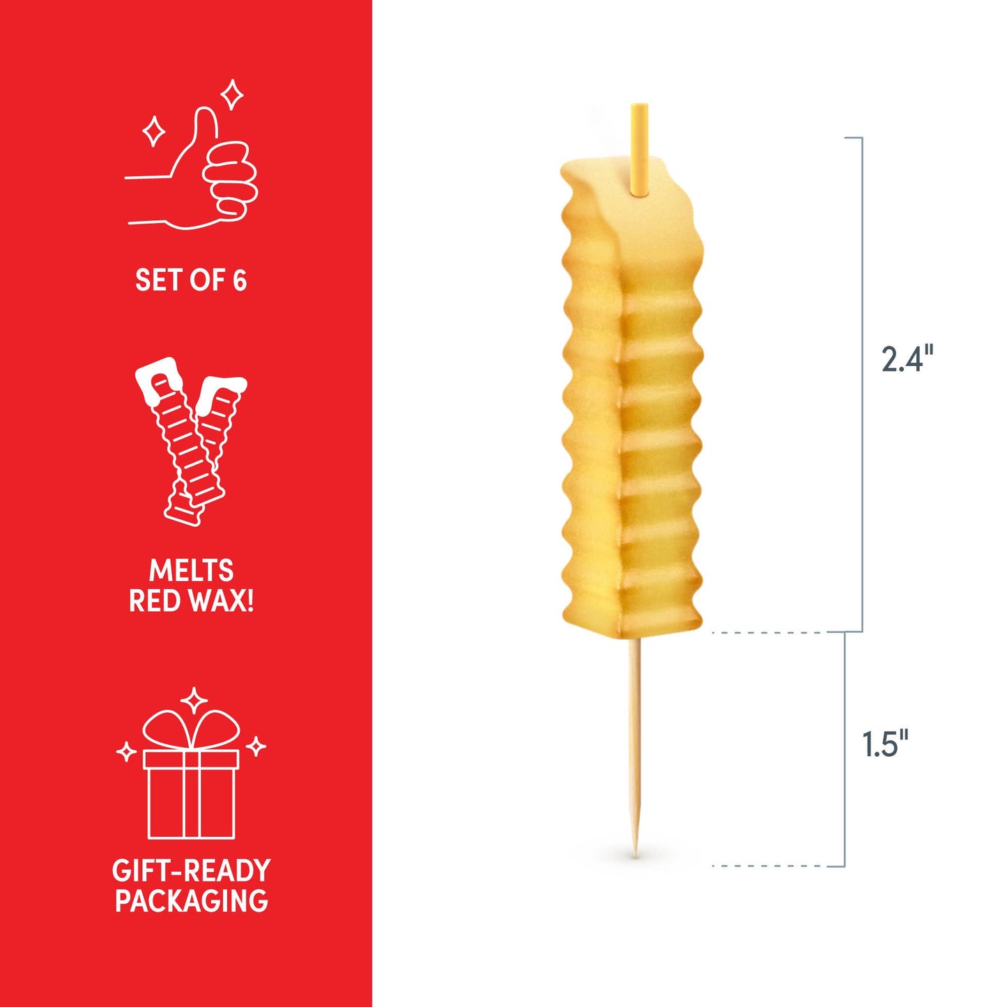 Yellow candle on a toothpick with red text and icons on the left side, showing product details and measurements