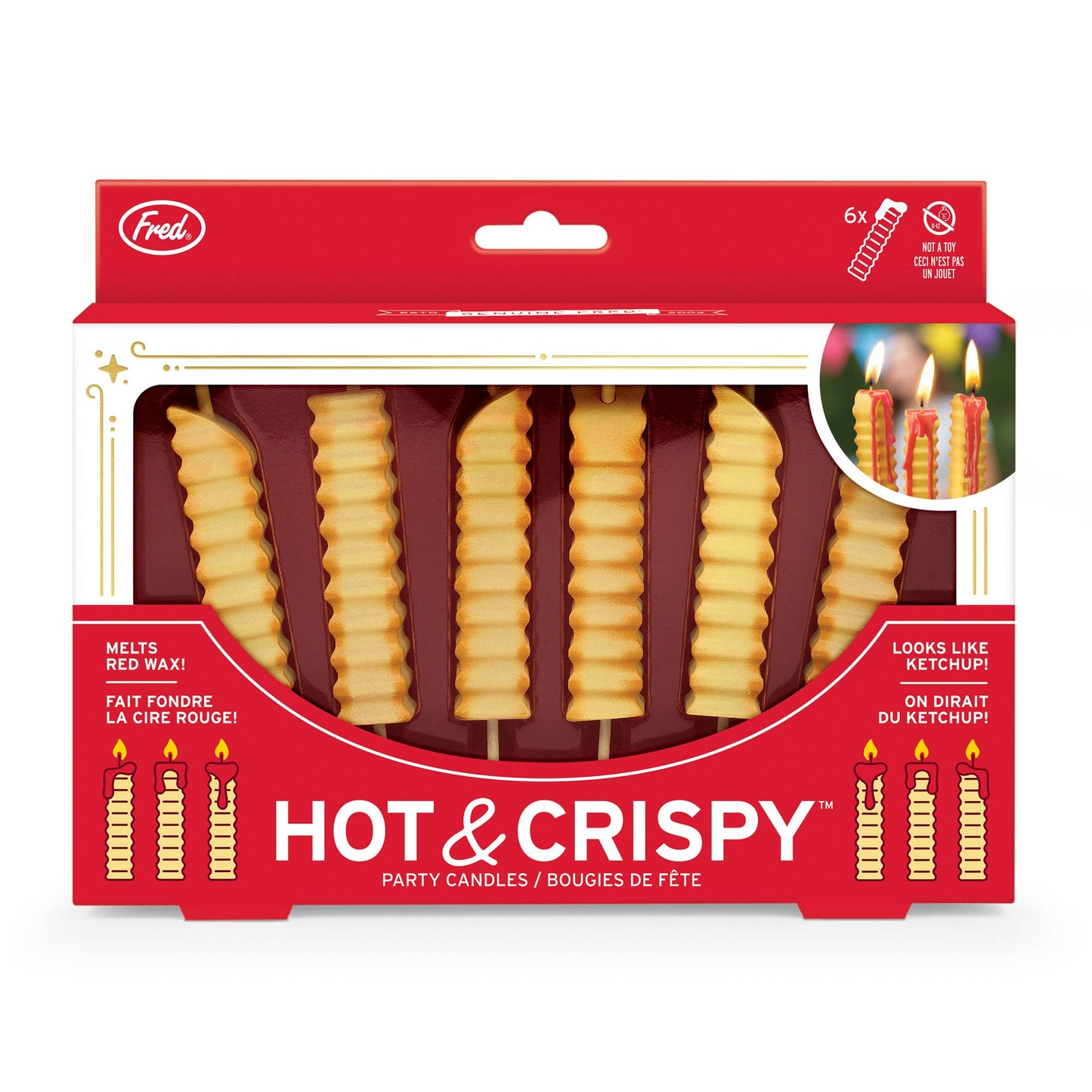 Box of Hot & Crispy party candles with red packaging and yellow candles.