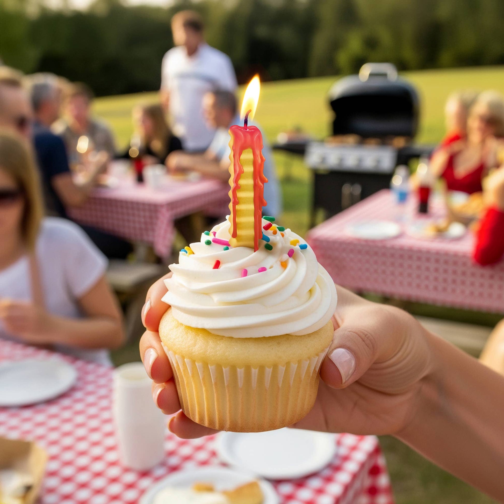 Person holding a cupcake with a lit candle at an outdoor gathering.