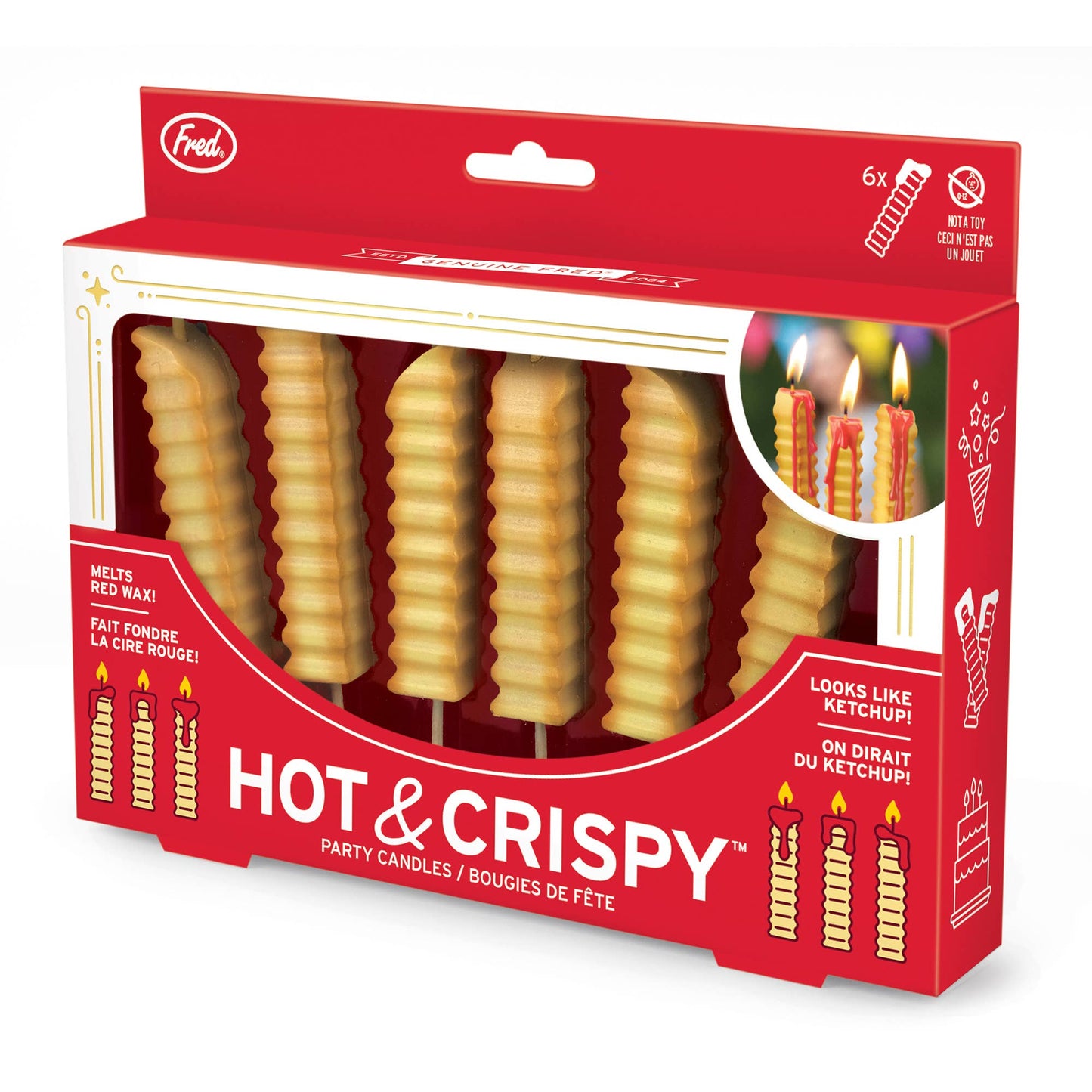 Red packaging of 'Hot & Crispy' party  french fry candles with images of candles and text.