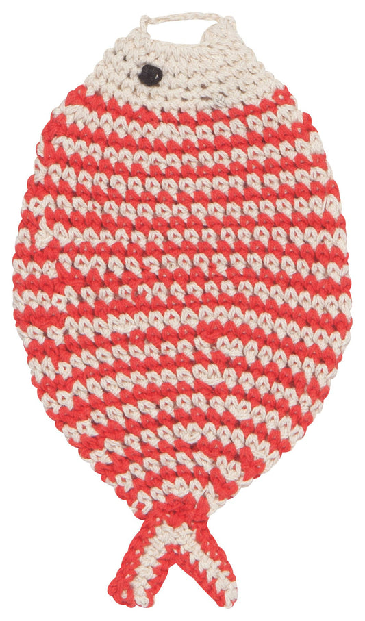 Fish-shaped dish sponge cloth with red and white pattern on a white background
