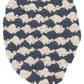 Crocheted fish-shaped dish sponge cloth with blue and white pattern on a white background