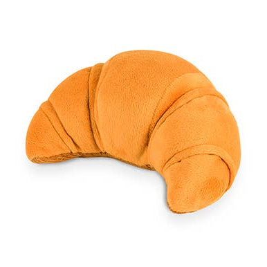 Plush dog toy shaped like a croissant on a white background