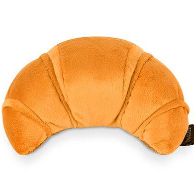 Plush dog toy shaped like a croissant on a white background