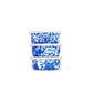 Stack of 3 enamel storage bowls with lids. Blue splatter pattern throughout. 