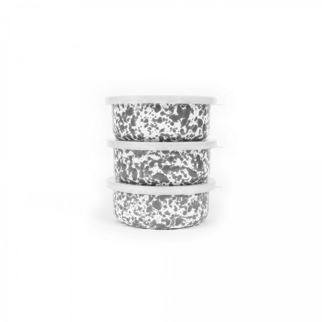 Stack of 3 enamel storage bowls with lids. Grey splatter pattern throughout. 