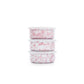 Stack of 3 enamel storage bowls with lids. Pink splatter pattern throughout. 