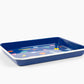 blue enamel tray with colorful shapes on it 