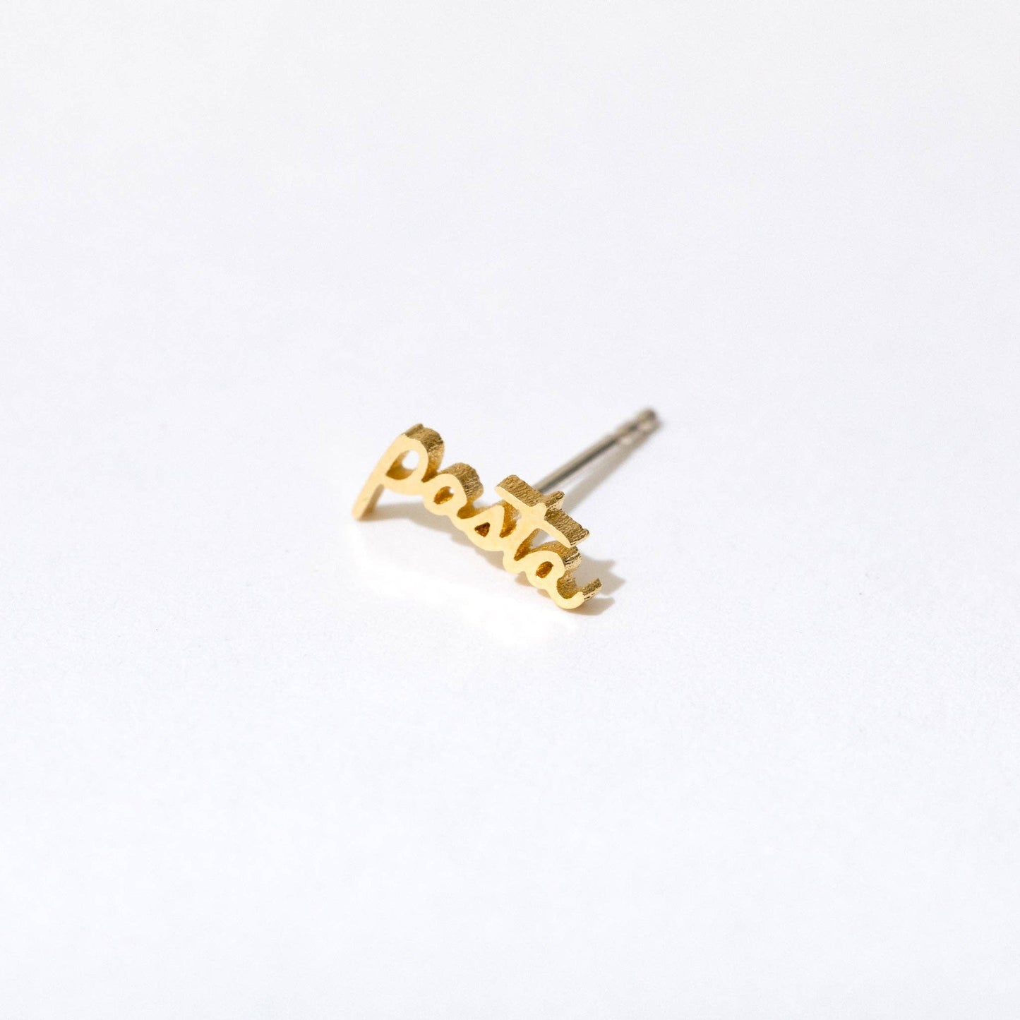 Single 14k gold plated stud earring -- reads "pasta" in handwritten script