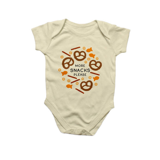 Baby onesie with snap closure at bottom -- design has various snacks on it like cheerios, pretzels and goldfish. Text in center reads "More snacks please" 