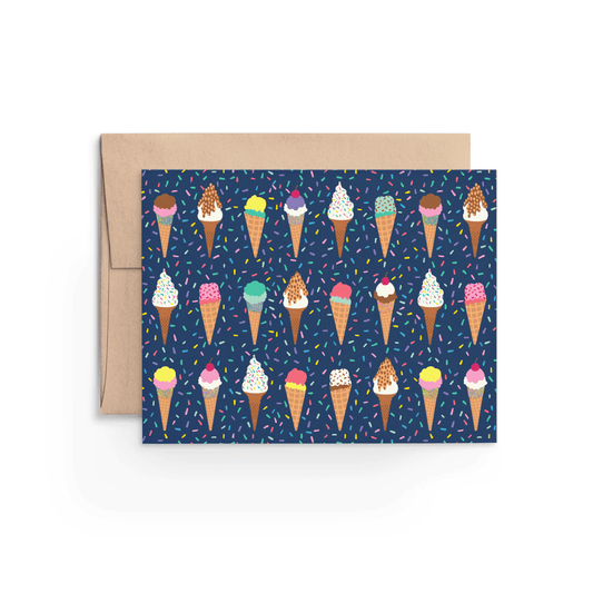 Dark blue greeting card with confetti sprinkles on it along with three rows with 8 ice cream cones each