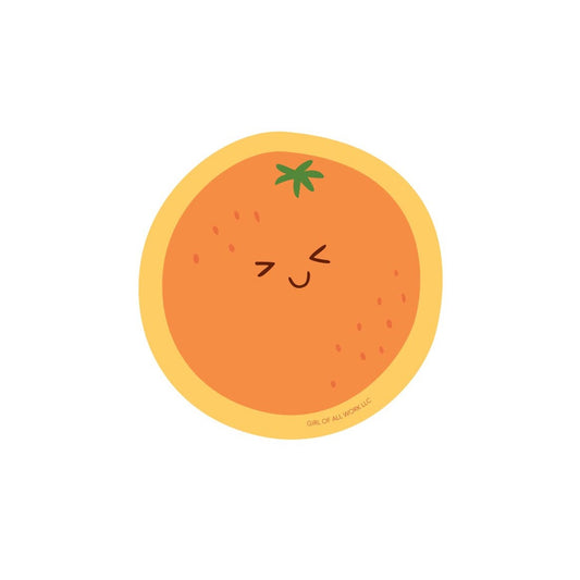 Vinyl sticker of an orange making a cute, smiley face