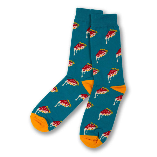 A pair of teal crew socks with an all-over melted deep dish pizza slice pattern and bright orange toes and heels, displayed on a clean white background.