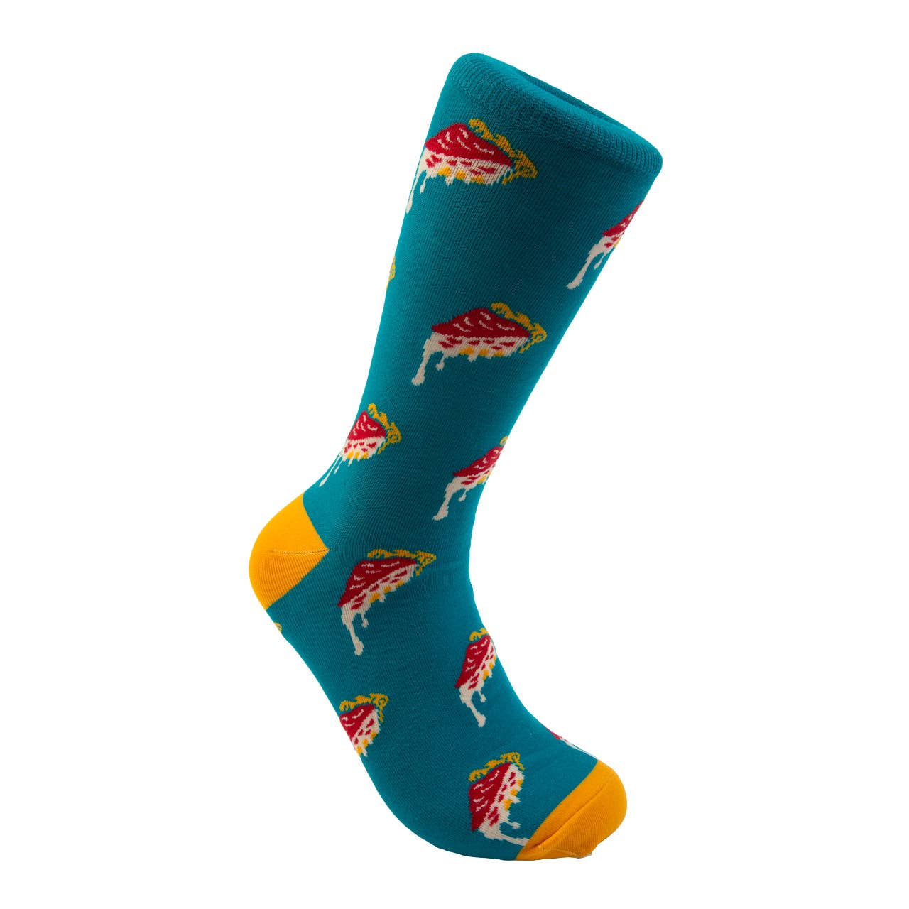 side view of teal deep dish pizza socks 