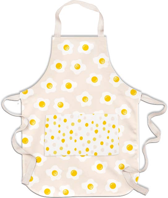 Over the neck apron with back tie. Has sunny side up eggs as the pattern 