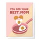Greeting card with eggs in a pan and text 'You did your best, Mom' on a pink background