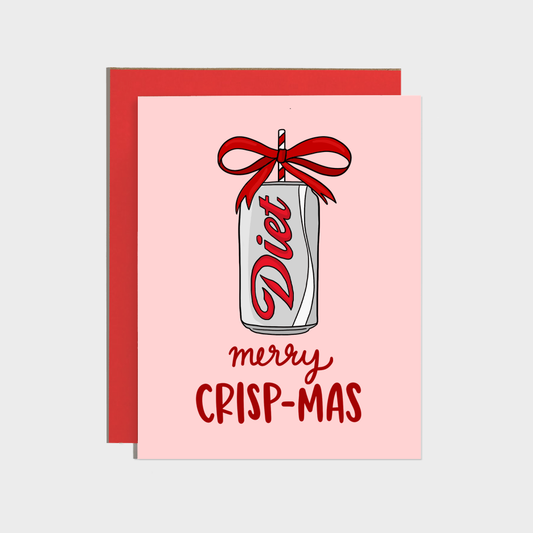 Card with a diet soda graphic and 'Diet' text on the can, featuring a red bow and text that says "merry crisp-mas" on a pink background.