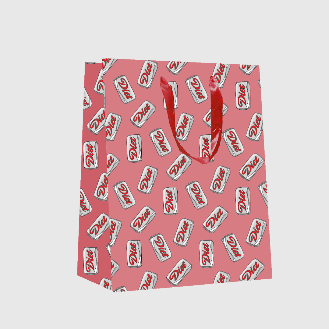 Red gift bag with Diet Coke can pattern on a light gray background