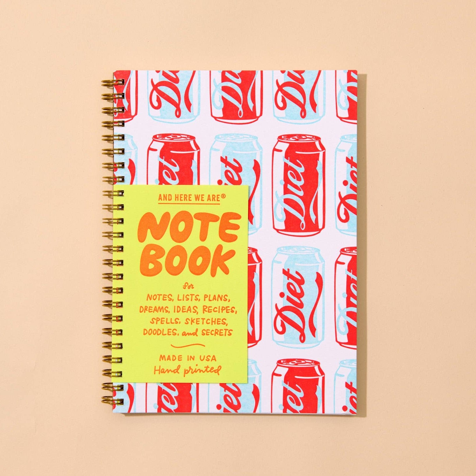 Notebook with diet soda can, warhol pop-art inspired, design on a beige background
