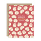 Greeting card with dumpling pattern and birthday message "Hope your birthday is sum-thing special" on a red background