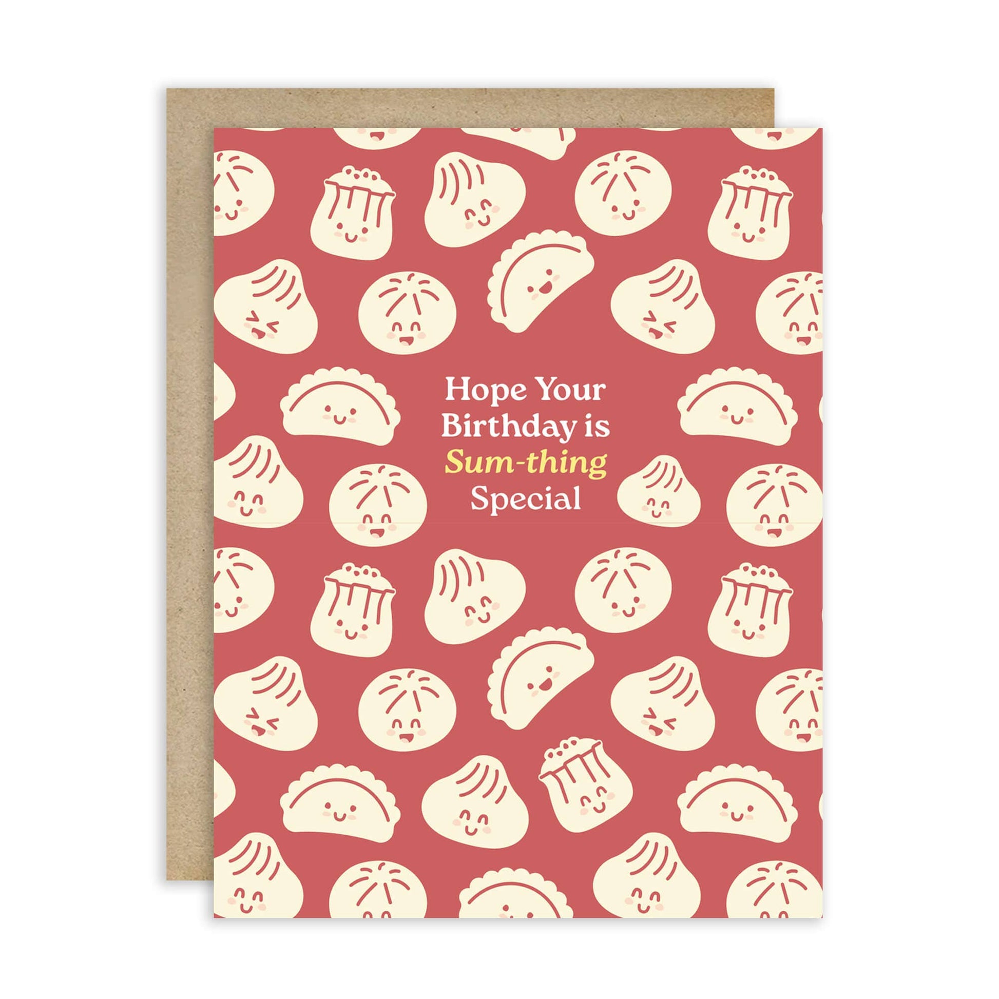 Greeting card with dumpling pattern and birthday message "Hope your birthday is sum-thing special" on a red background