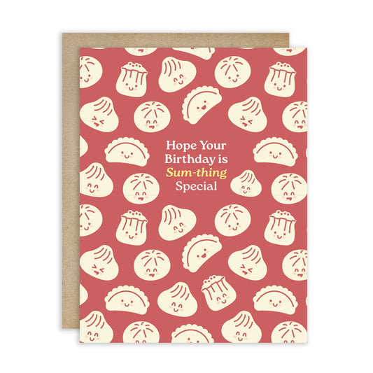 Greeting card with dumpling pattern and birthday message "Hope your birthday is sum-thing special" on a red background