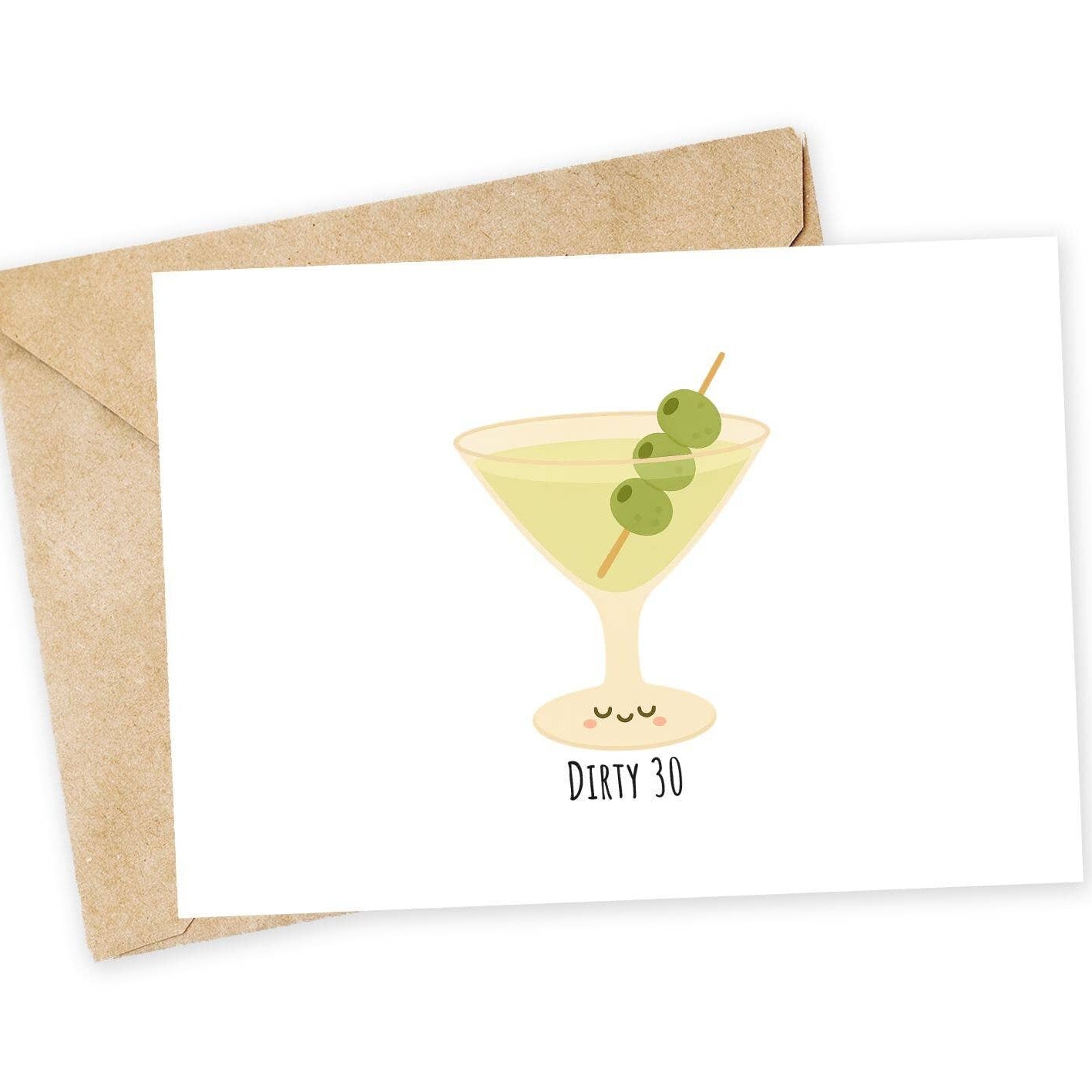Greeting card with a cocktail illustration and 'Dirty 30' text, accompanied by a kraft envelope on a white background.
