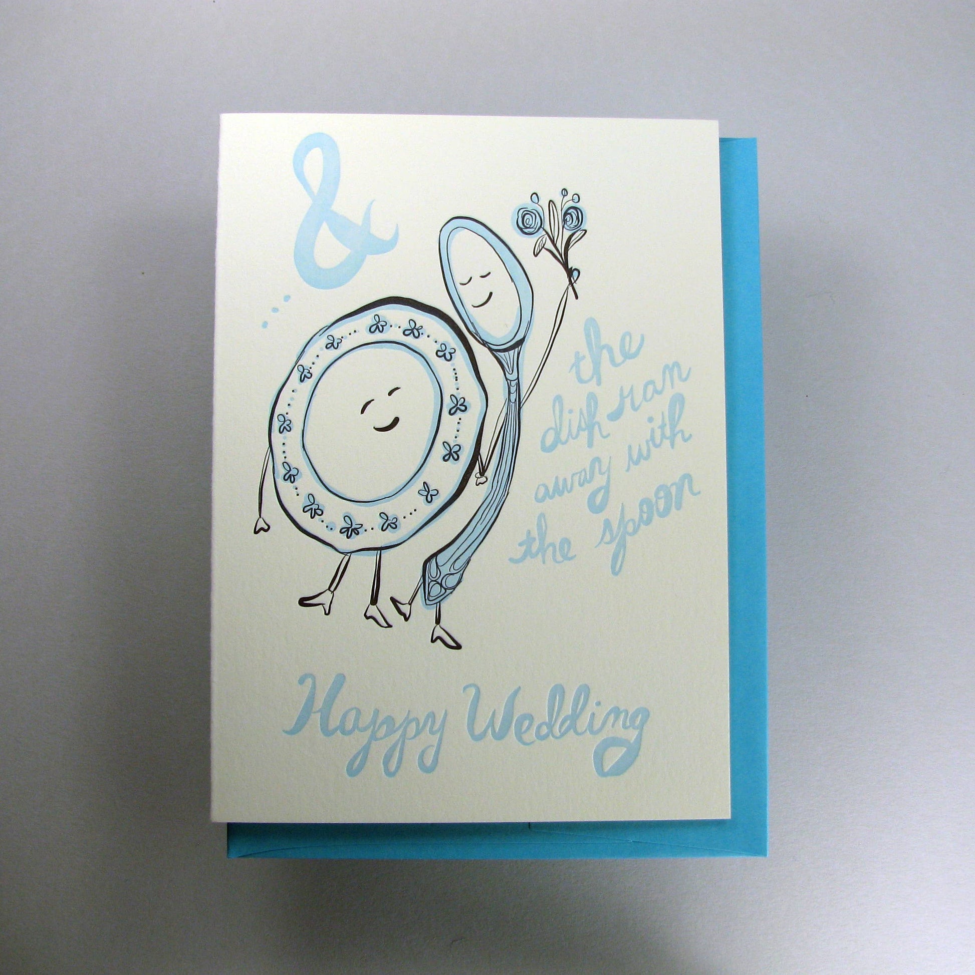 Wedding card with blue and white design and a dish and spoon illustration on a gray background