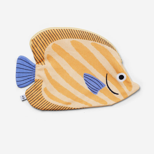 Fish-shaped zipper pouch with a yellow body and blue fins on a white background