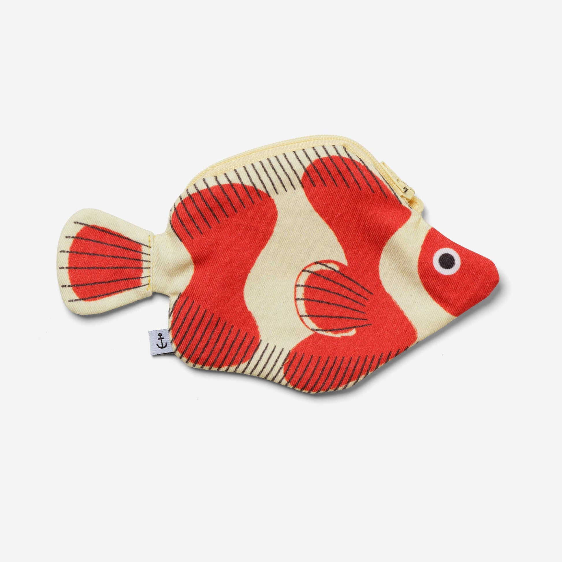 Red and beige clownfish-shaped pouch on a white background