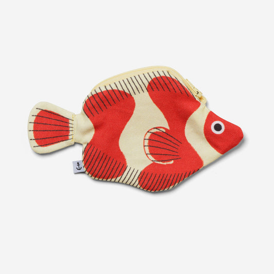 Red and beige clownfish-shaped pouch on a white background