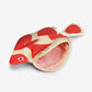 Red and beige clownfish-shaped pouch on a white background