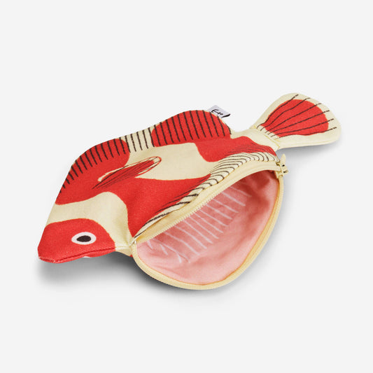 Red and beige clownfish-shaped pouch on a white background