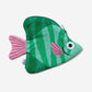 Fish-shaped pouch with green and pink design on a white background