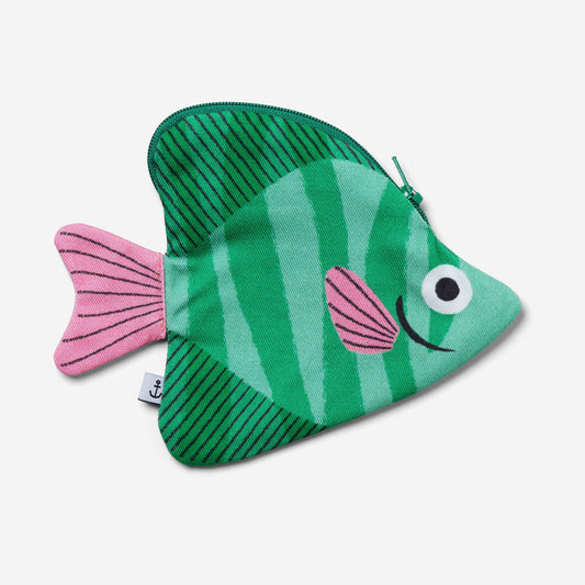 Fish-shaped pouch with green and pink design on a white background