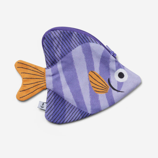Moonyfish-shaped purple pouch with orange fins on a white background