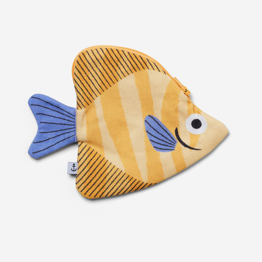Fish-shaped pouch with yellow and blue design on a white background