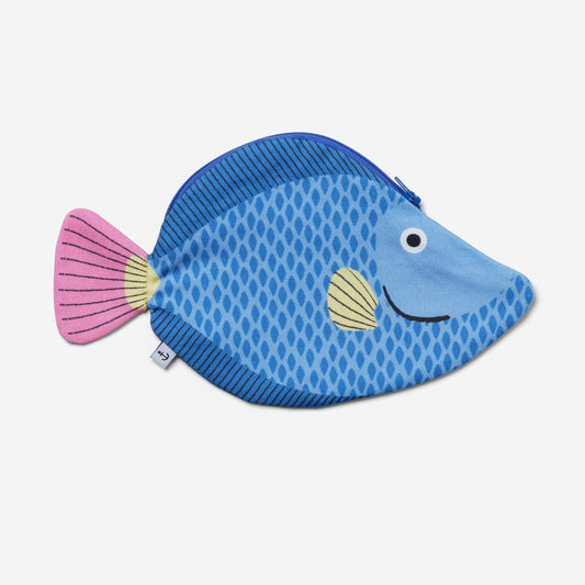 Blue fish-shaped pouch with pink tail on a white background