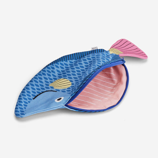 Fish-shaped pouch with blue body and pink interior on a white background