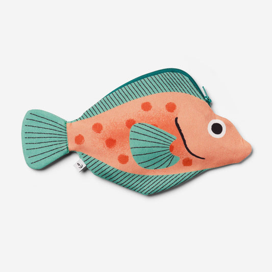 Fish-shaped pouch with green fins and orange body on a white background