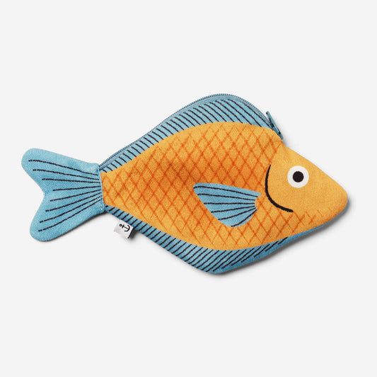 Fish-shaped pouch with orange body and blue tail on a white background