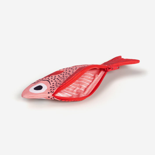 Red fish-shaped pouch on a white background